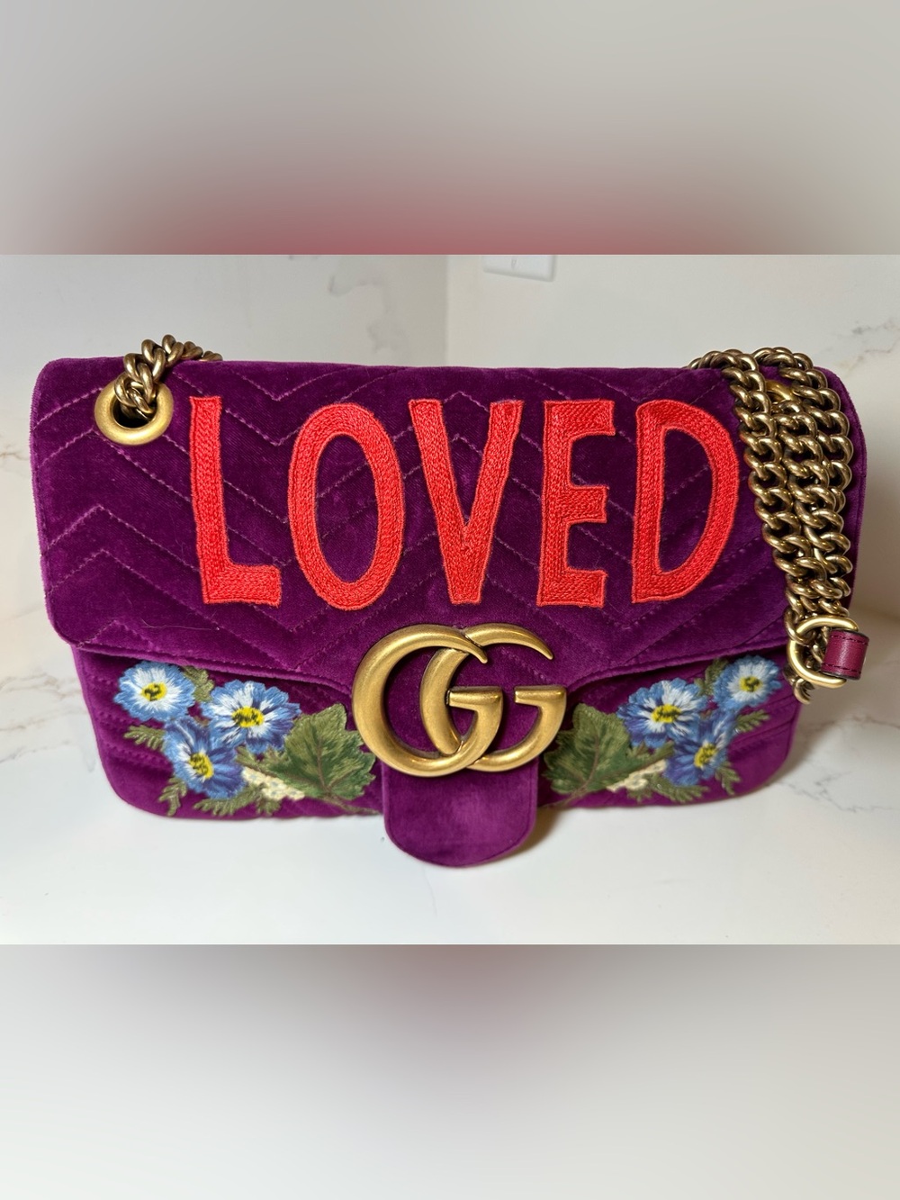 Gucci Loved Embroidered Velvet Marmont Shoulder Bag